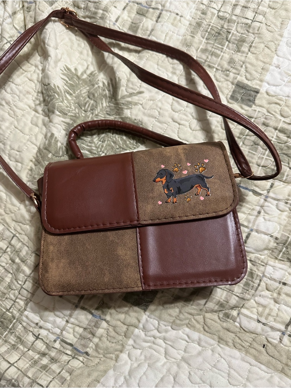 Brown Patchwork Mini Crossbody with Dachshund Accent